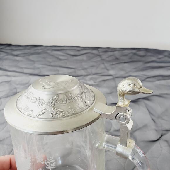 VTG Beer Stein Duck Mallard Etched Glass Pewter Lid 6” Beer Mug France Germany - Picture 11 of 11